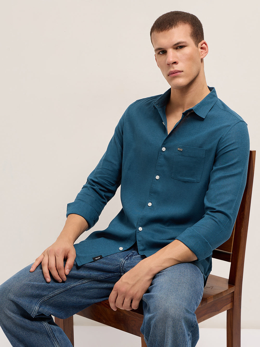 Men Teal Blue Solid Lyocell Slim Fit Casual Shirt