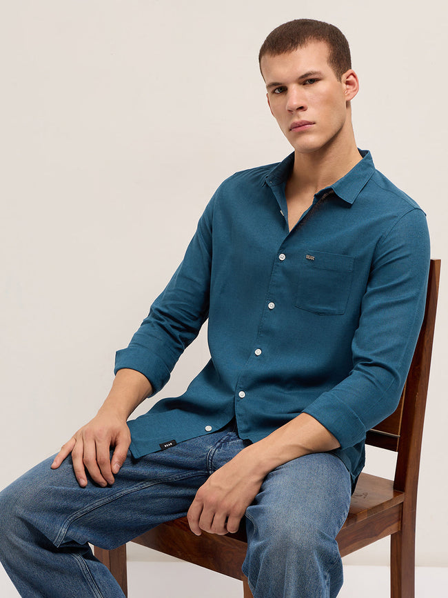 Men Teal Blue Solid Lyocell Slim Fit Casual Shirt