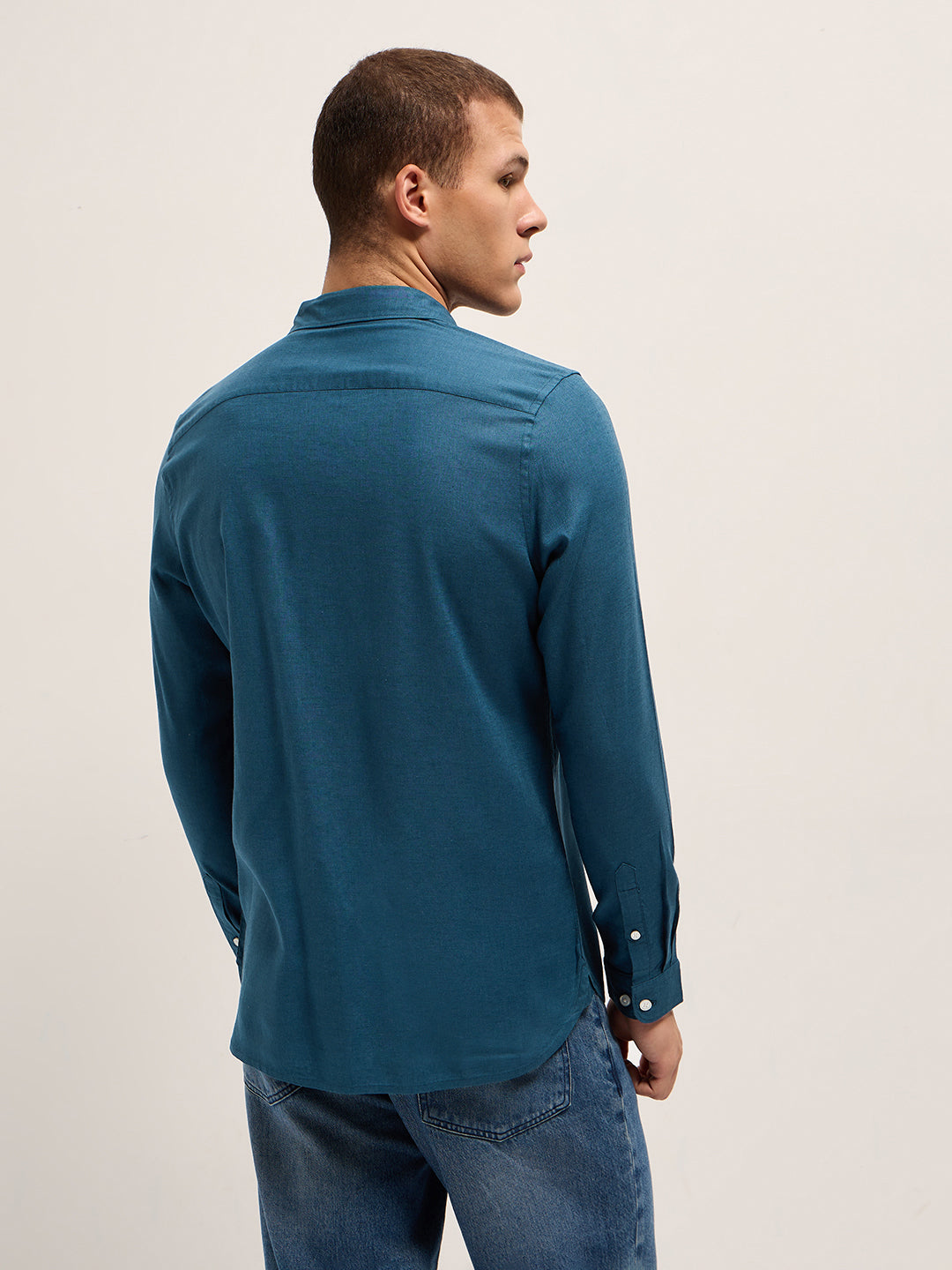 Men Teal Blue Solid Lyocell Slim Fit Casual Shirt