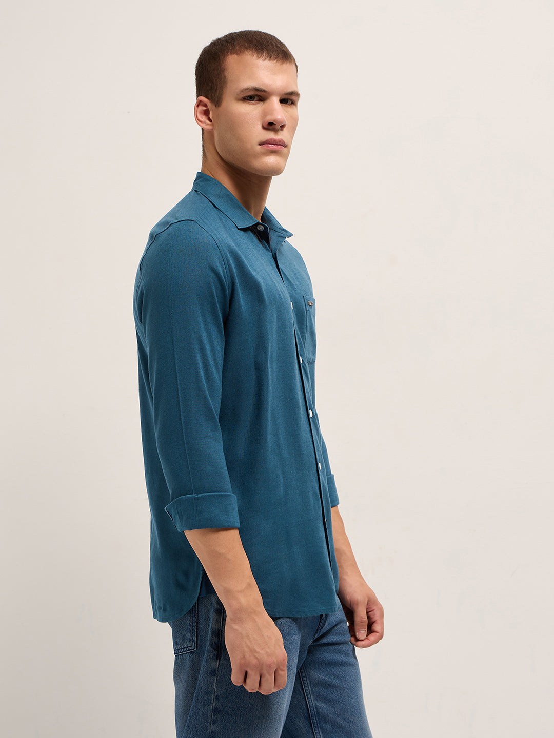 Men Teal Blue Solid Lyocell Slim Fit Casual Shirt
