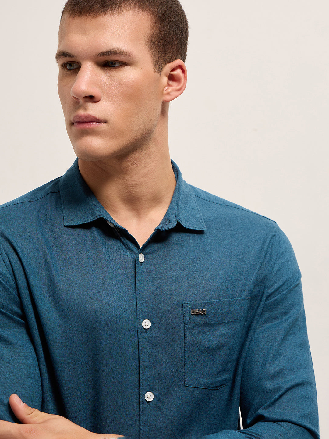 Men Teal Blue Solid Lyocell Slim Fit Casual Shirt