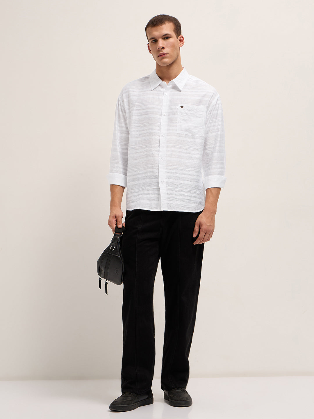 Men White Crinkled Horizontal Textured Stripe Relaxed Fit Casual Shirt