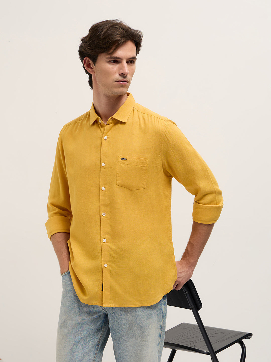 Men Yellow Solid Lyocell Slim Fit Casual Shirt