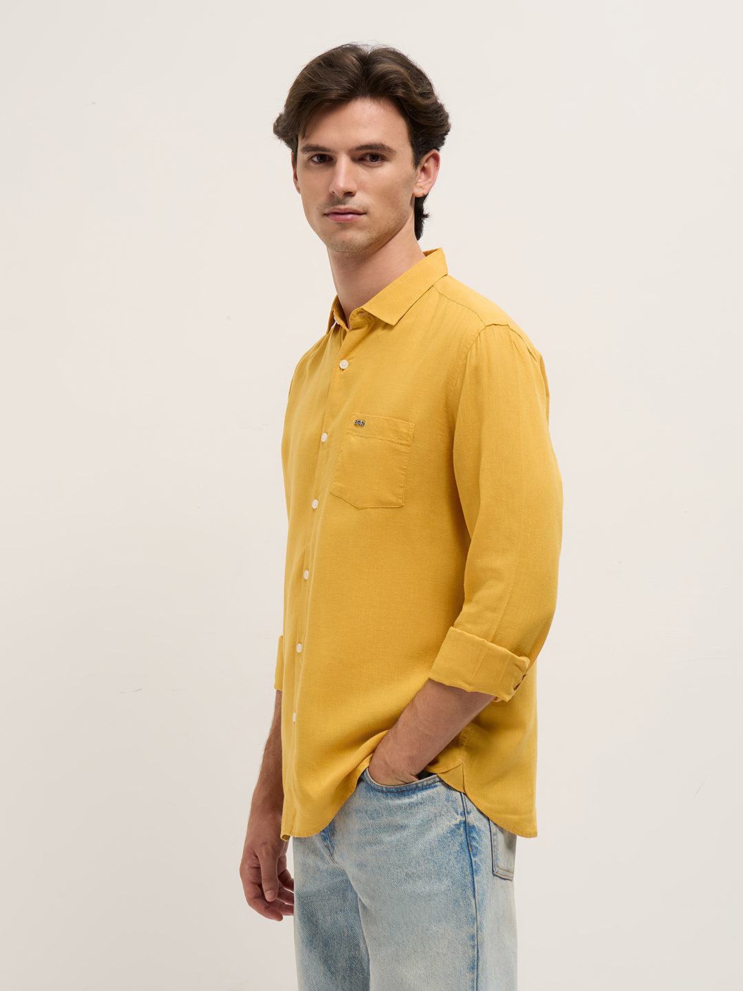 Men Yellow Solid Lyocell Slim Fit Casual Shirt