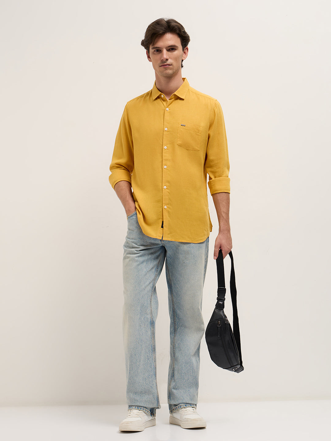 Men Yellow Solid Lyocell Slim Fit Casual Shirt