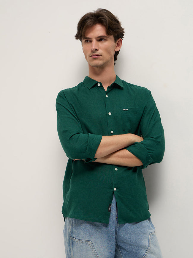 Men Green Solid Lyocell Slim Fit Casual Shirt