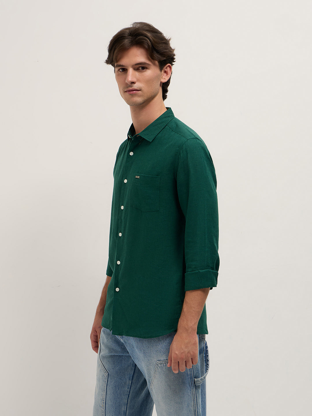 Men Green Solid Lyocell Slim Fit Casual Shirt