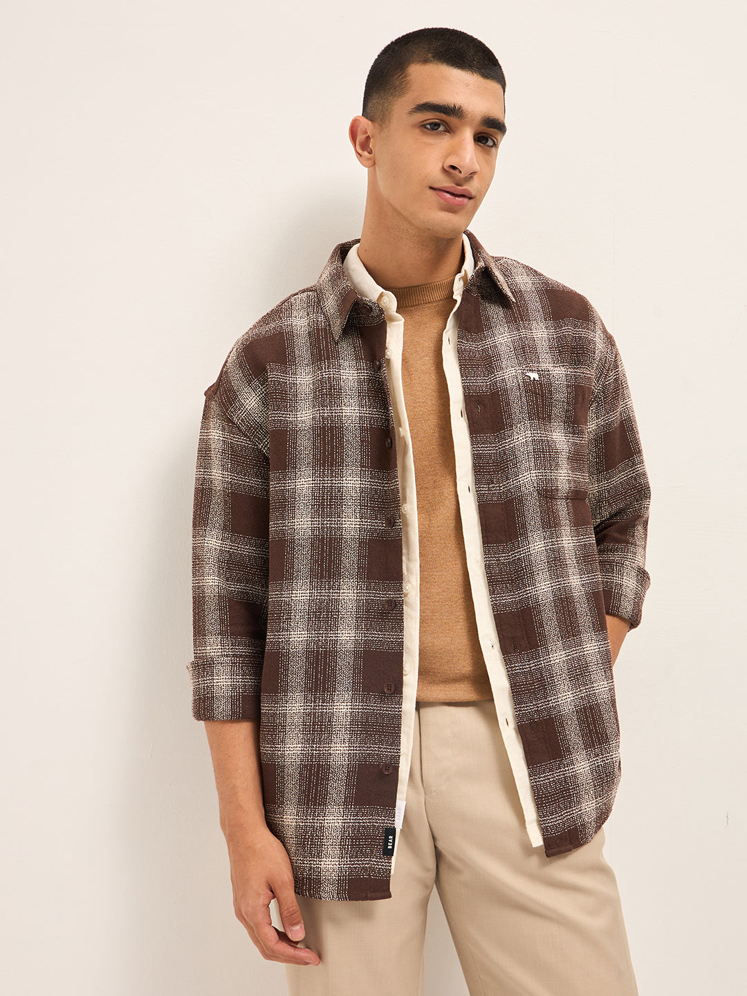Men Brown Woven Checked Design Relax Fit Casual Shirt