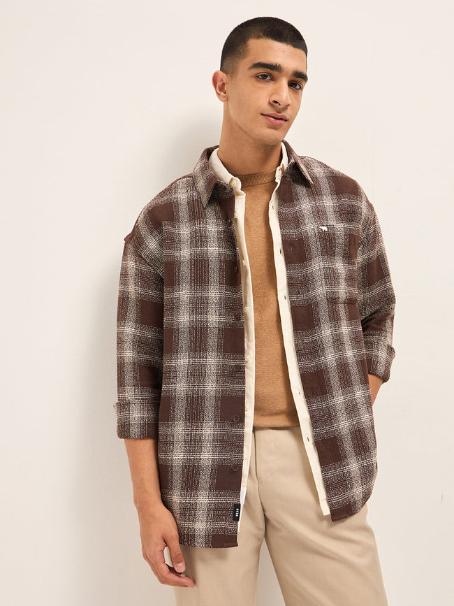 Men Brown Woven Checked Design Relax Fit Casual Shirt