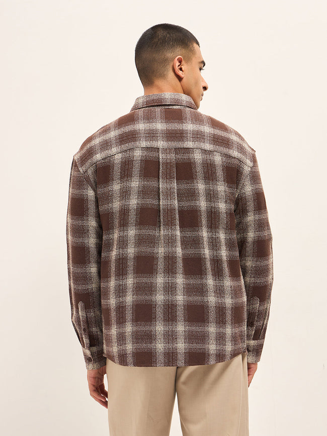 Men Brown Woven Checked Design Relax Fit Casual Shirt