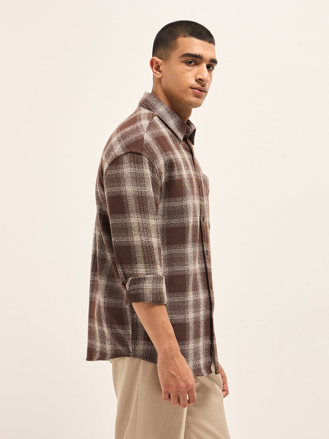 Men Brown Woven Checked Design Relax Fit Casual Shirt