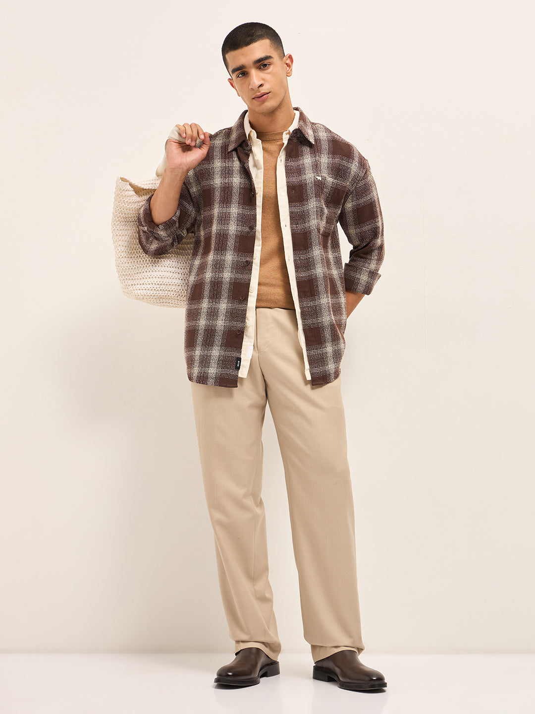 Men Brown Woven Checked Design Relax Fit Casual Shirt