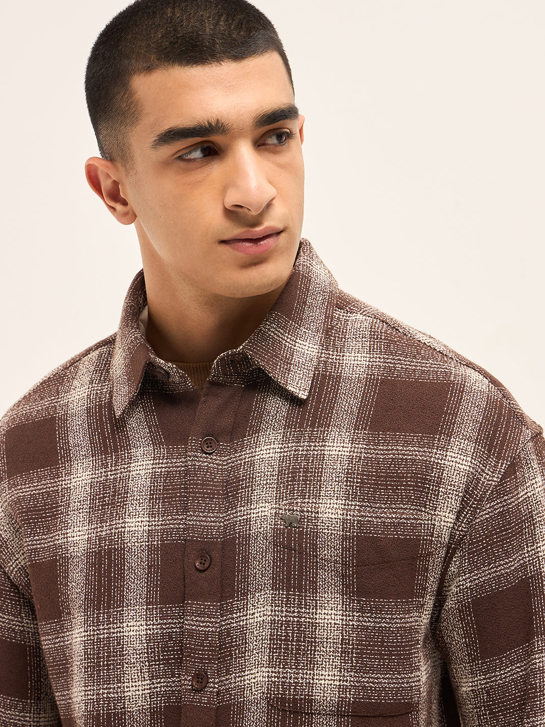Men Brown Woven Checked Design Relax Fit Casual Shirt