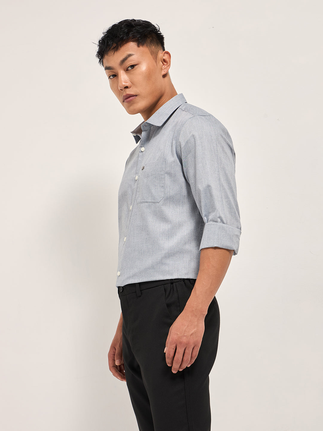 Men Grey Solid Tailored Fit Polyester Blend Formal Shirt