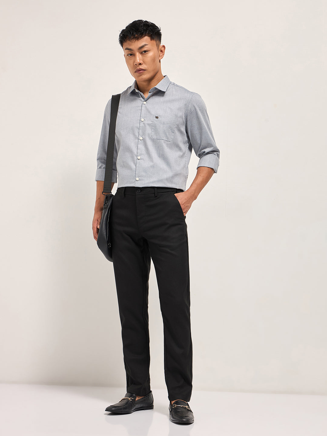 Men Grey Solid Tailored Fit Polyester Blend Formal Shirt