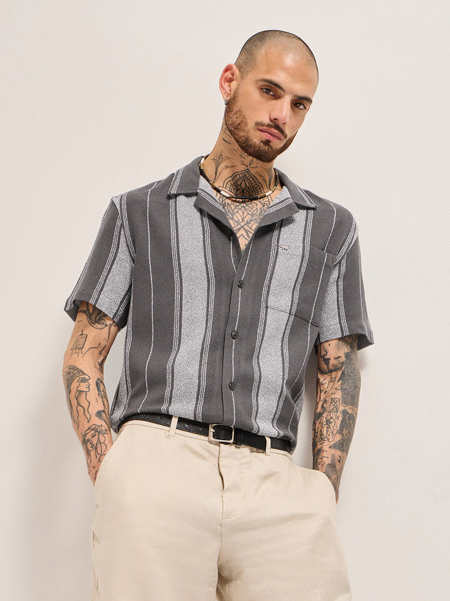 Men Grey Striped Regular Fit Casual Shirt