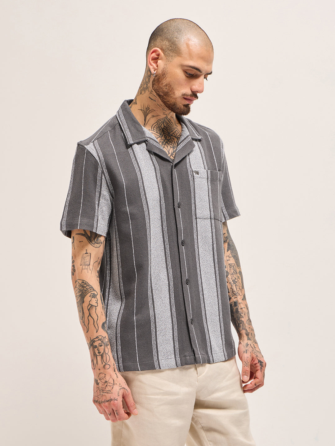 Men Grey Striped Regular Fit Casual Shirt
