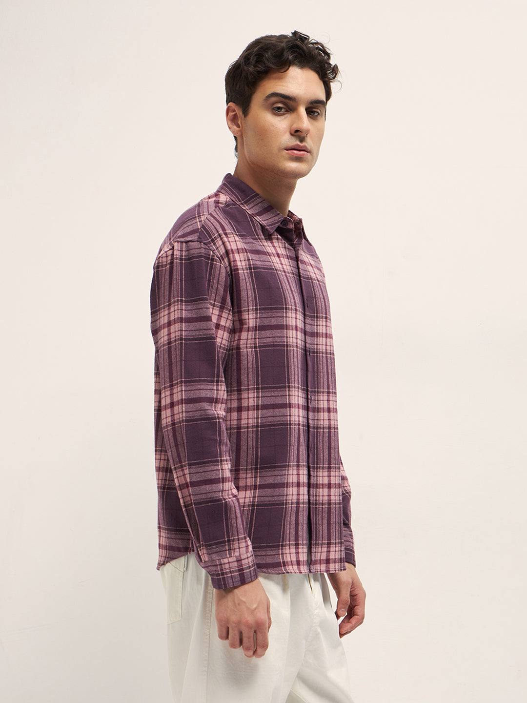 Men Purple Woven Checked Design Relax Fit Overshirt