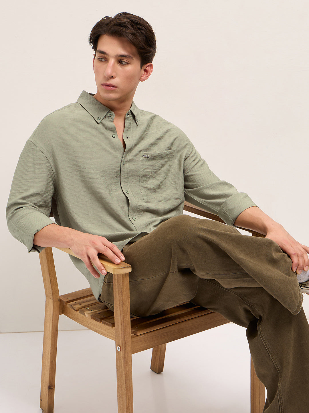 Men Olive Viscose Herringbone Design Relax Fit Casual shirt