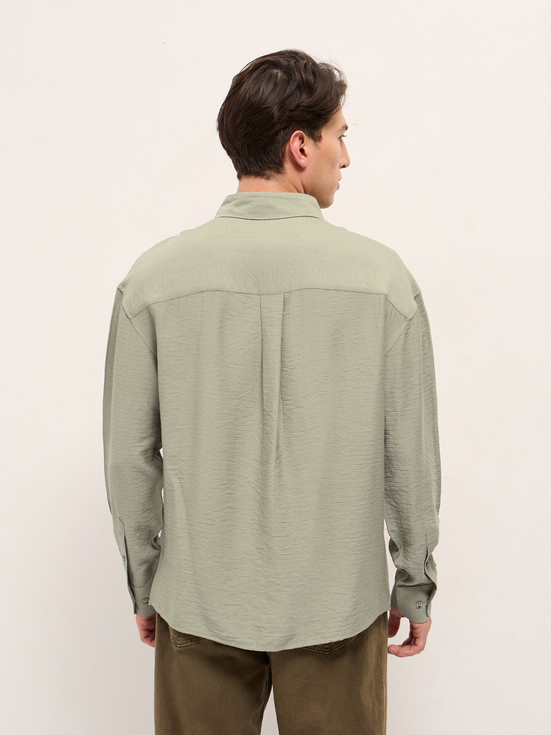 Men Olive Viscose Herringbone Design Relax Fit Casual shirt
