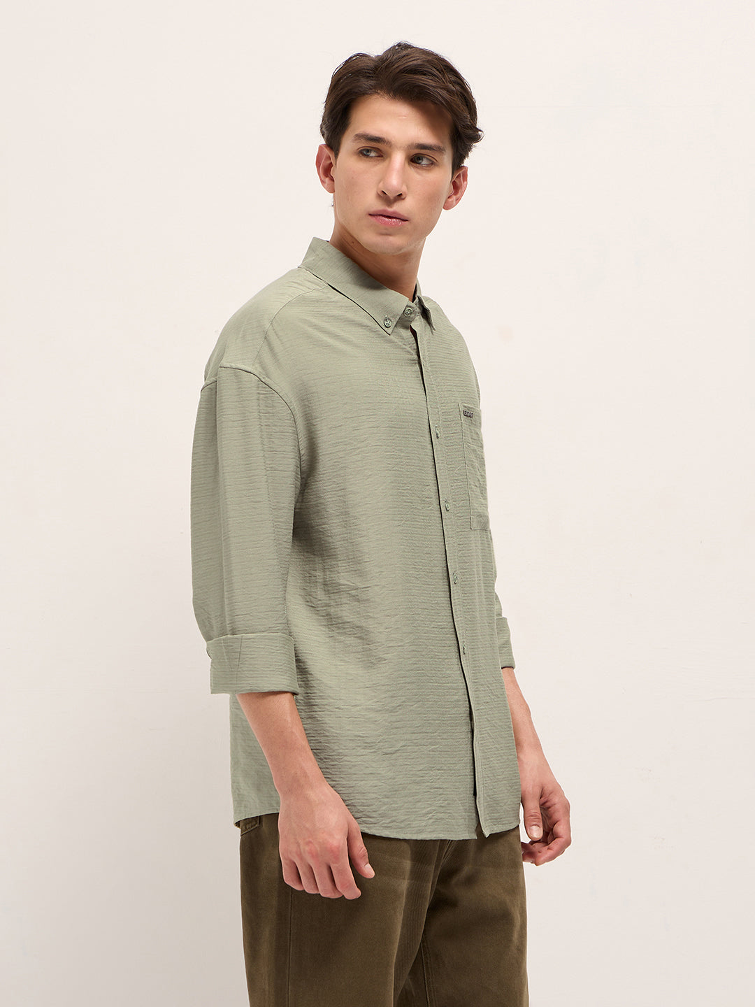 Men Olive Viscose Herringbone Design Relax Fit Casual shirt