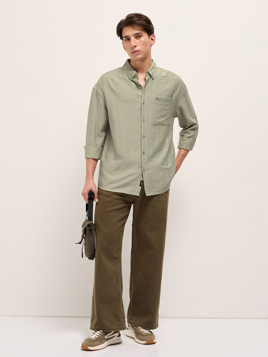 Men Olive Viscose Herringbone Design Relax Fit Casual shirt
