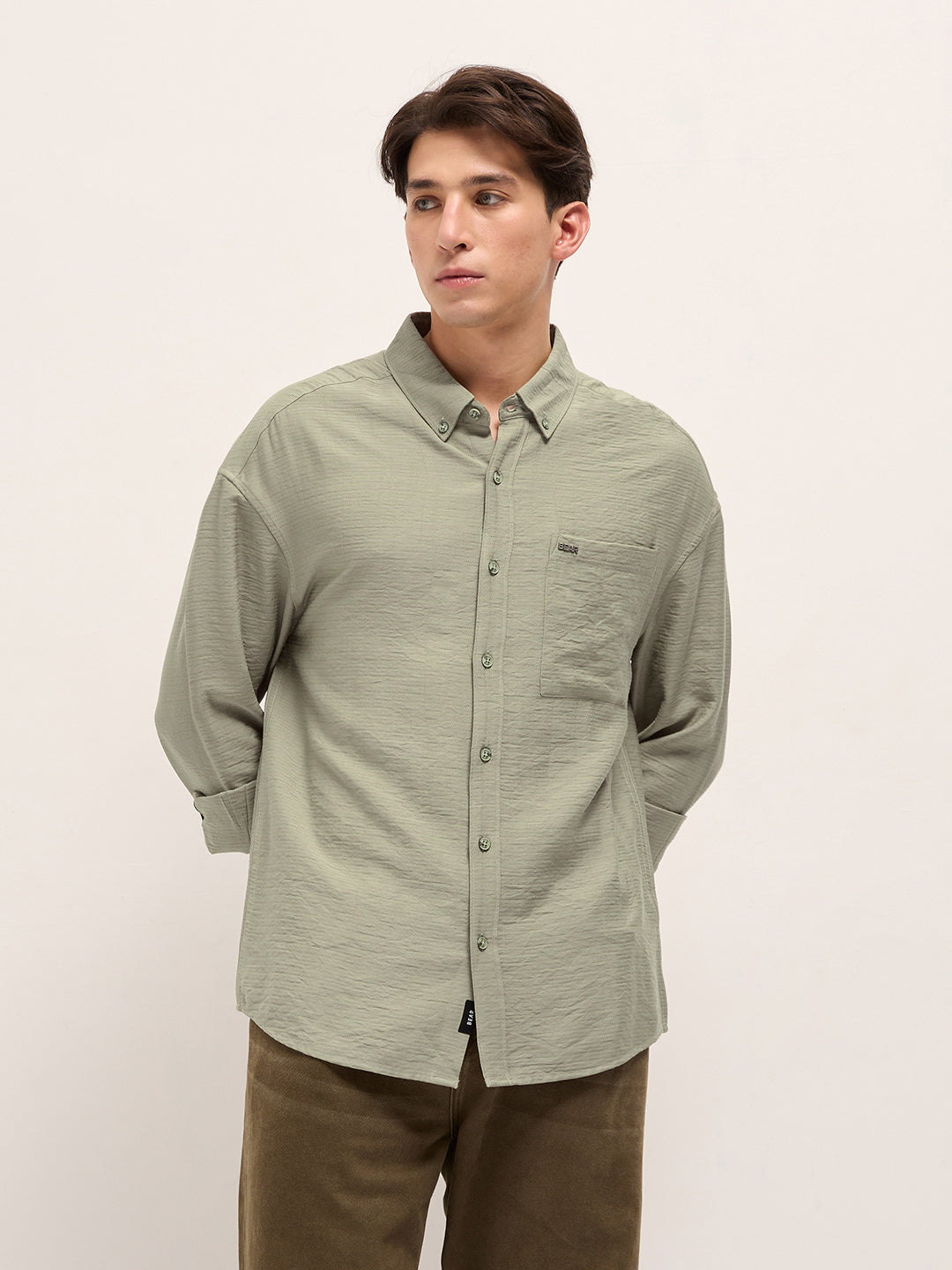 Men Olive Viscose Herringbone Design Relax Fit Casual shirt