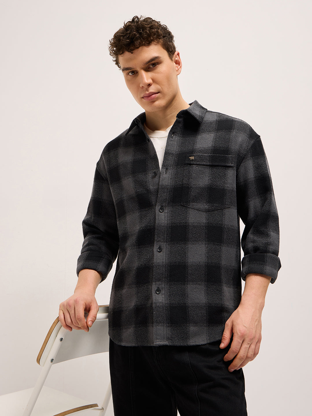 Men Grey & Black Tartan Checked Relaxed Fit Overshirt