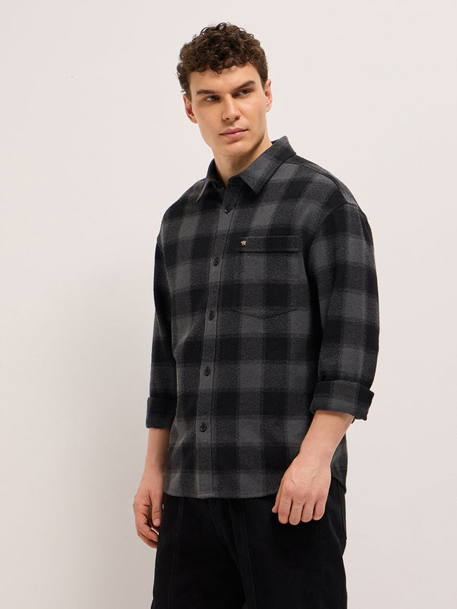 Men Grey & Black Tartan Checked Relaxed Fit Overshirt