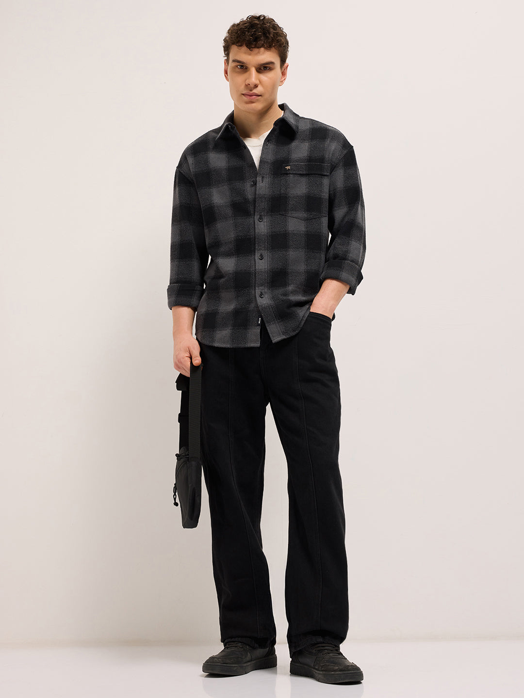 Men Grey & Black Tartan Checked Relaxed Fit Overshirt