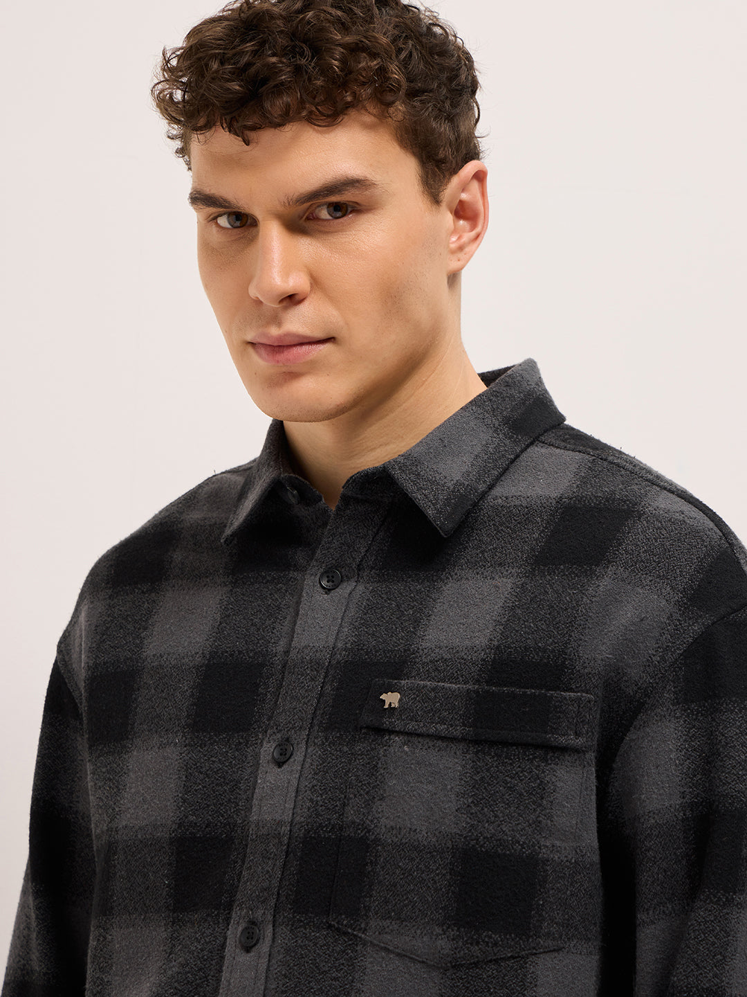 Men Grey & Black Tartan Checked Relaxed Fit Overshirt