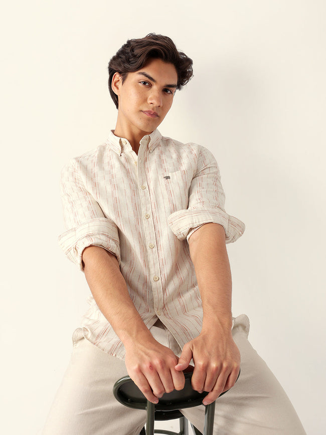 Men Brown Cotton Striped Shirt