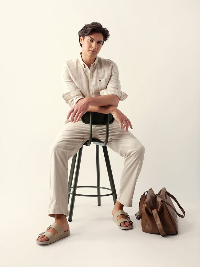 Men Brown Cotton Striped Shirt