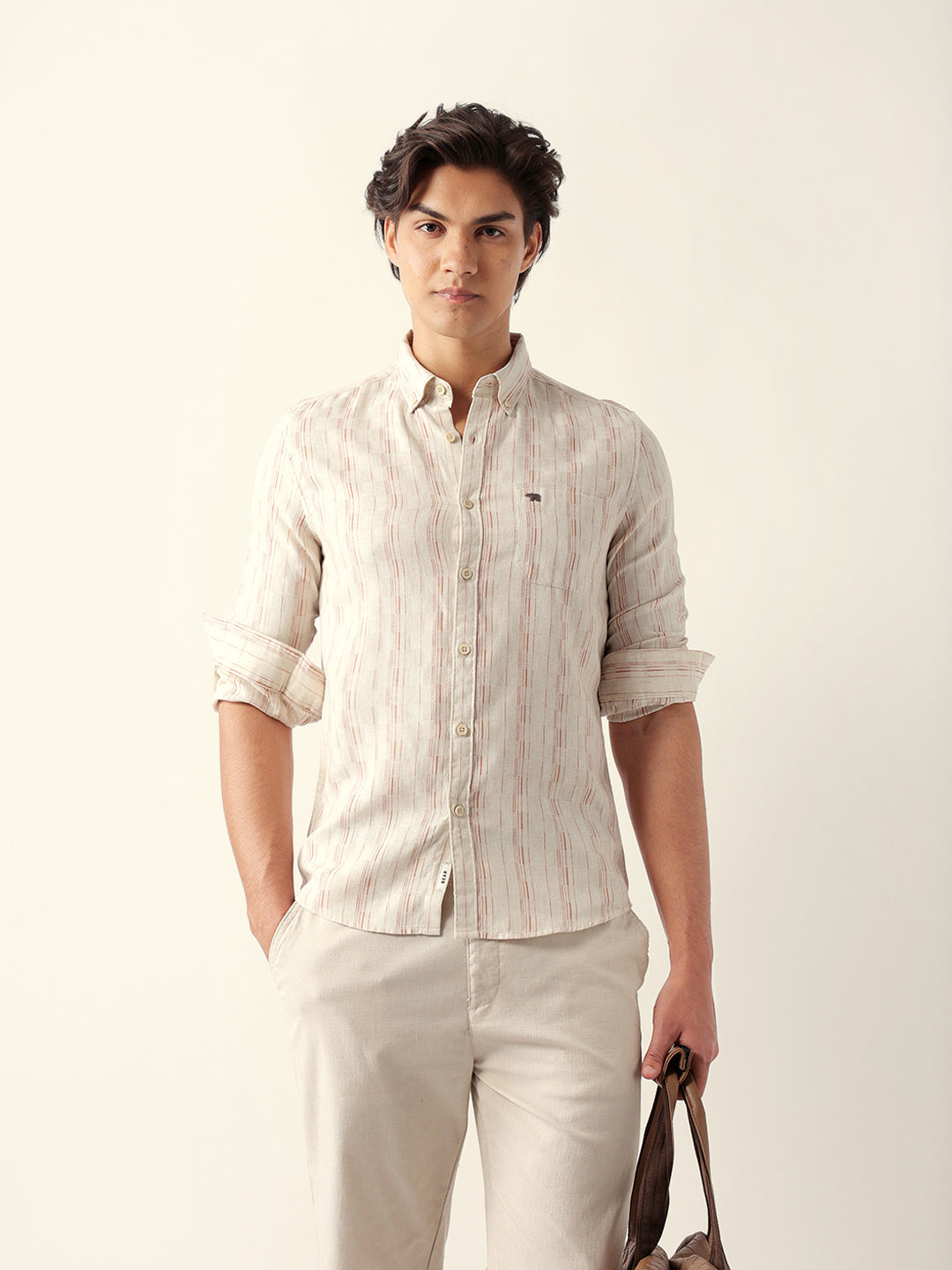 Men Brown Cotton Striped Shirt