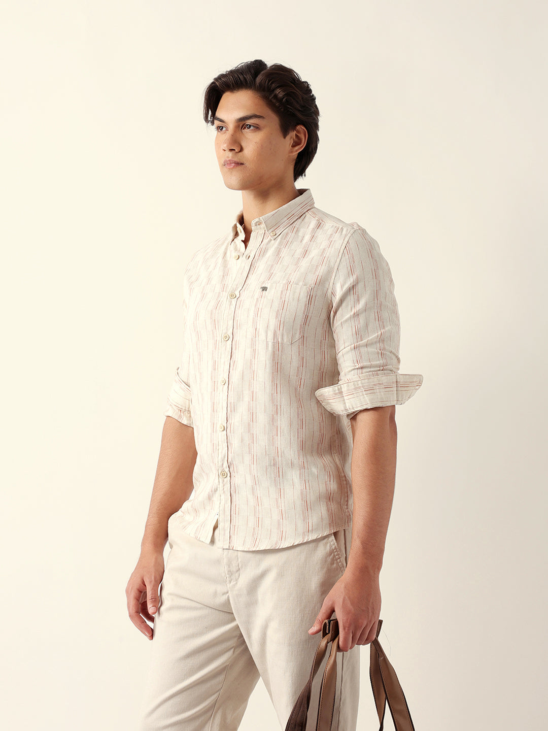 Men Brown Cotton Striped Shirt
