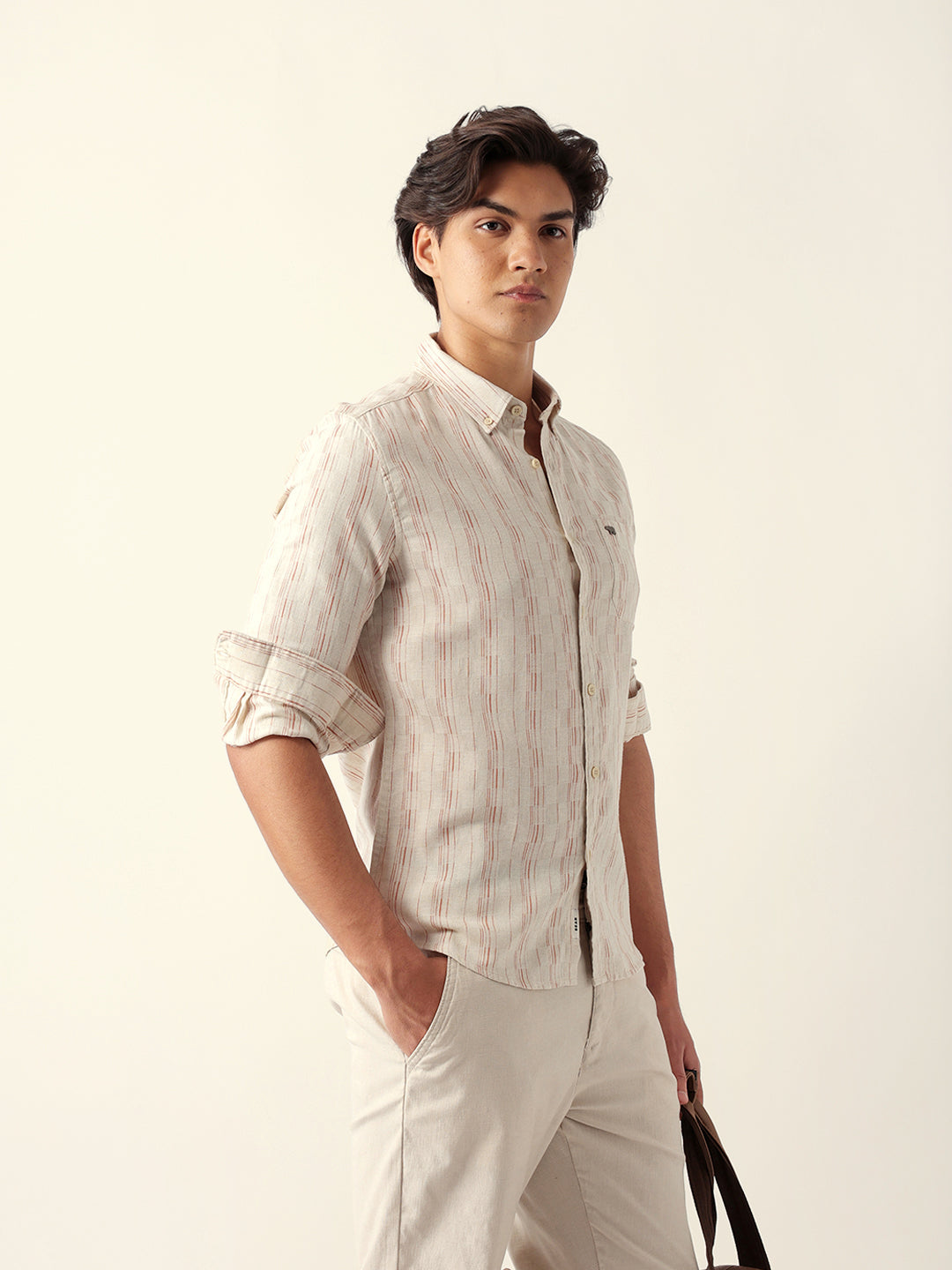 Men Brown Cotton Striped Shirt