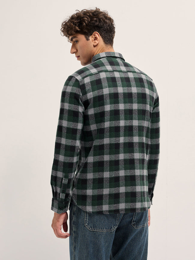 Men Green Flannel Check Slim Fit Casual Shirt