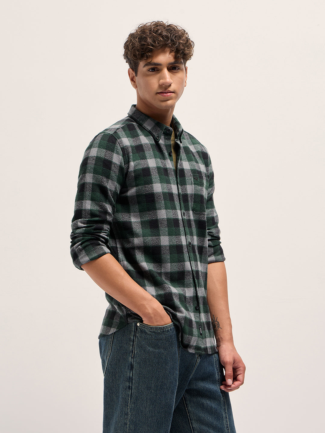 Men Green Flannel Check Slim Fit Casual Shirt