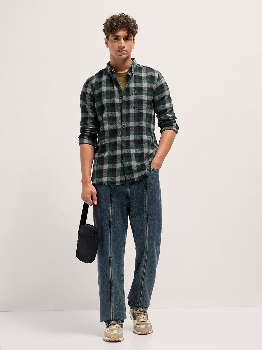 Men Green Flannel Check Slim Fit Casual Shirt