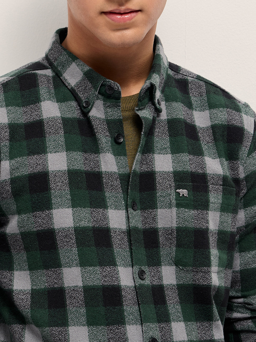 Men Green Flannel Check Slim Fit Casual Shirt