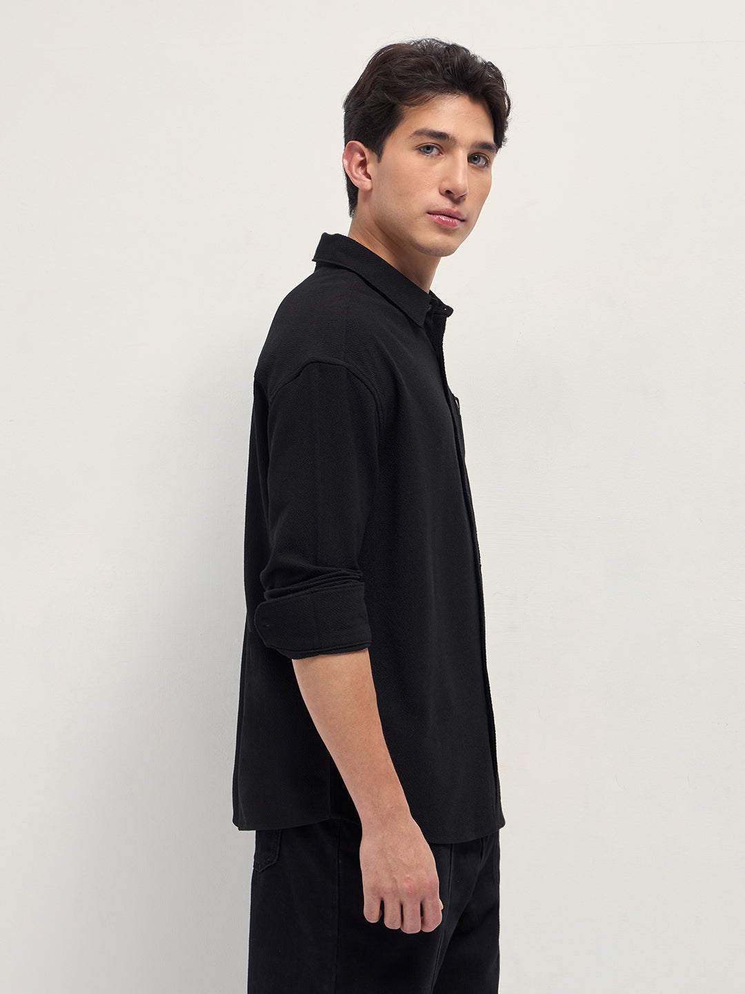 Men Black Woven Textured Relaxed Fit Casual Shirt