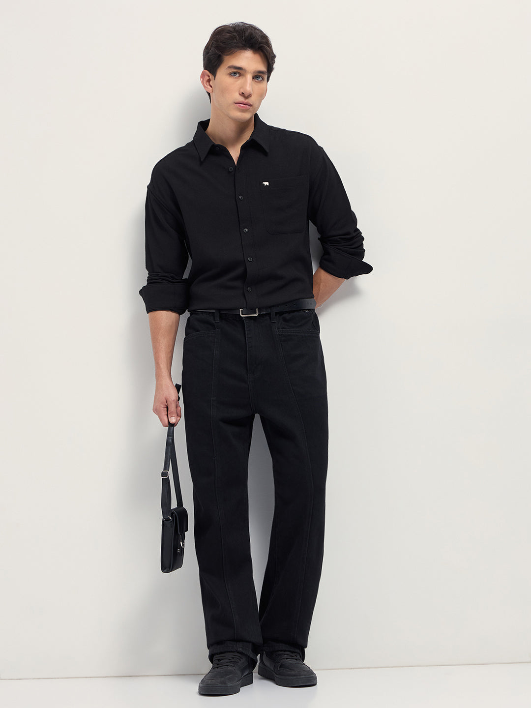 Men Black Woven Textured Relaxed Fit Casual Shirt