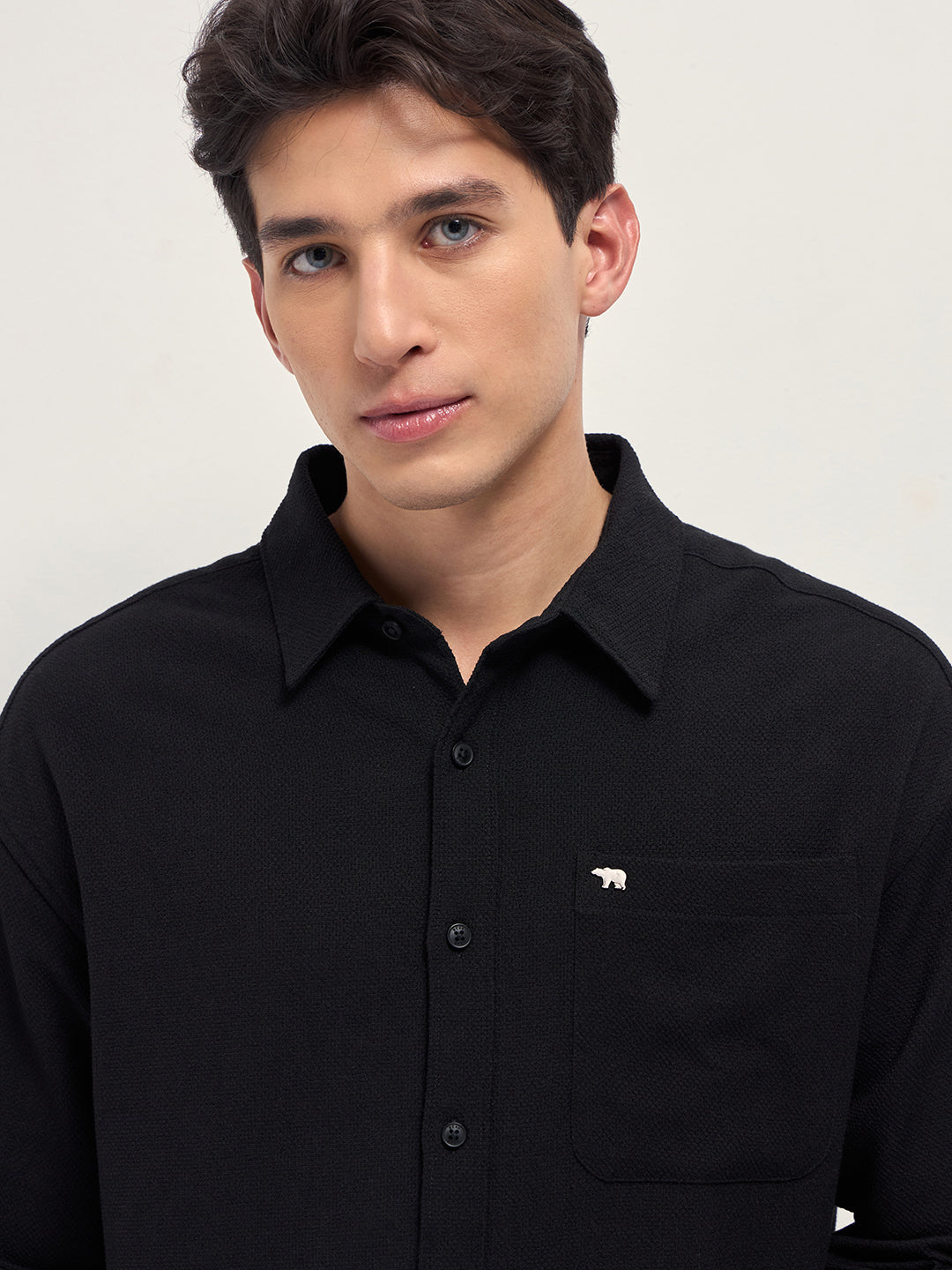 Men Black Woven Textured Relaxed Fit Casual Shirt