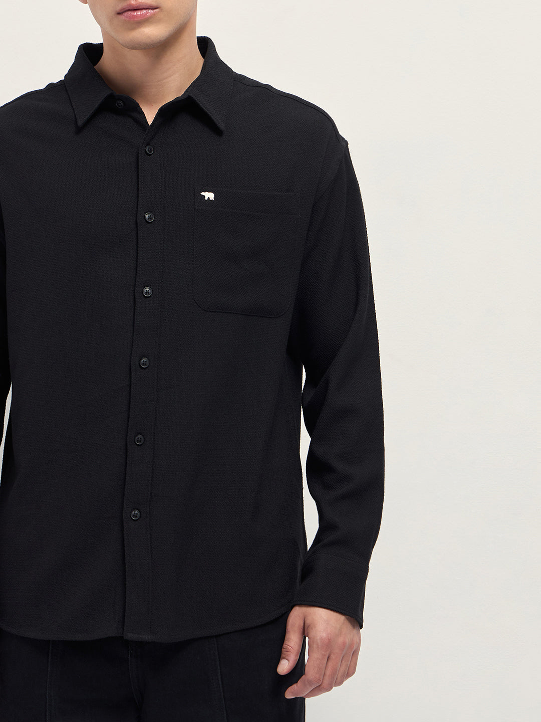 Men Black Woven Textured Relaxed Fit Casual Shirt