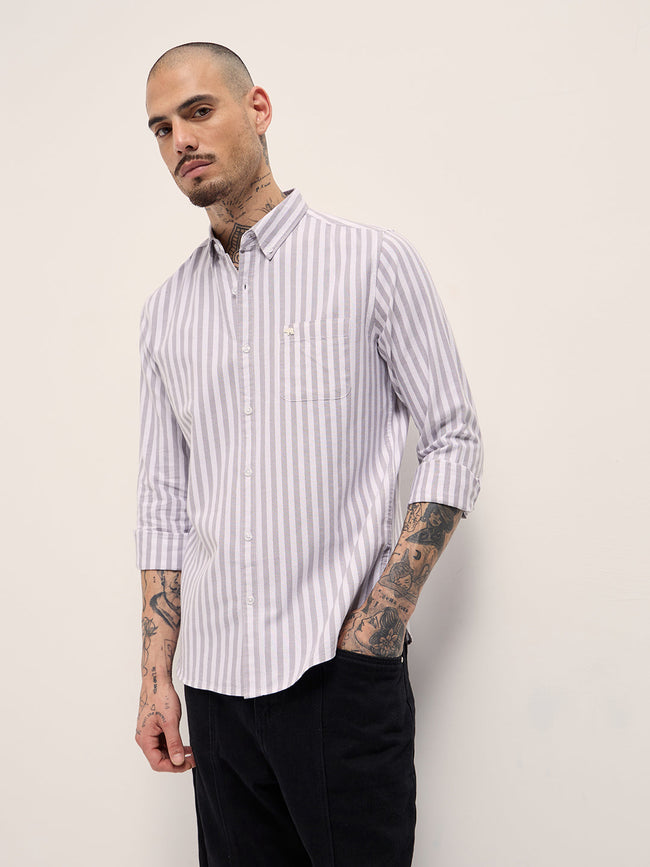 Men Grey & White Vertical Stripes Slim Fit Casual Shirt