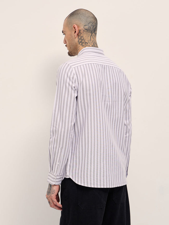 Men Grey & White Vertical Stripes Slim Fit Casual Shirt