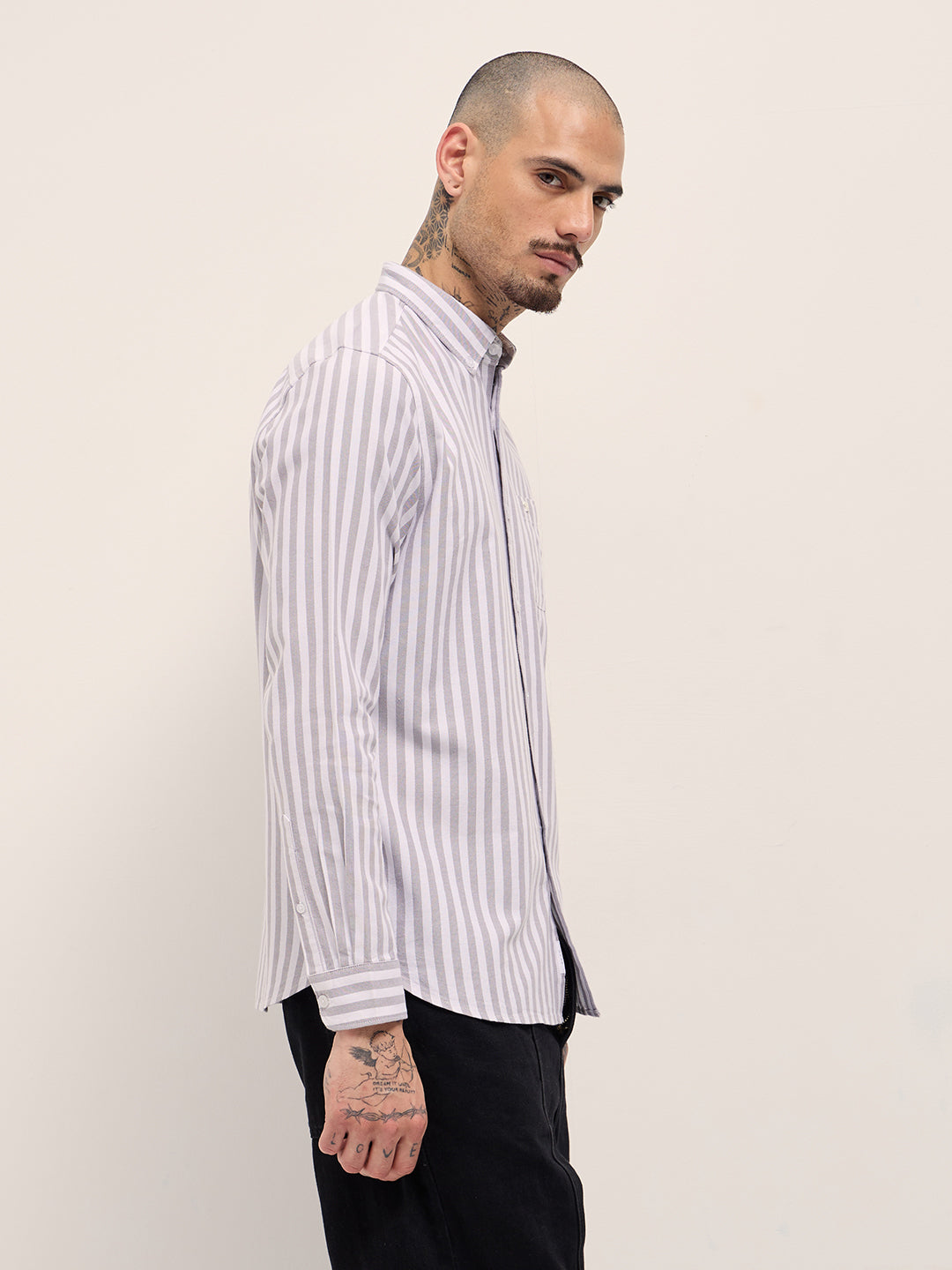 Men Grey & White Vertical Stripes Slim Fit Casual Shirt