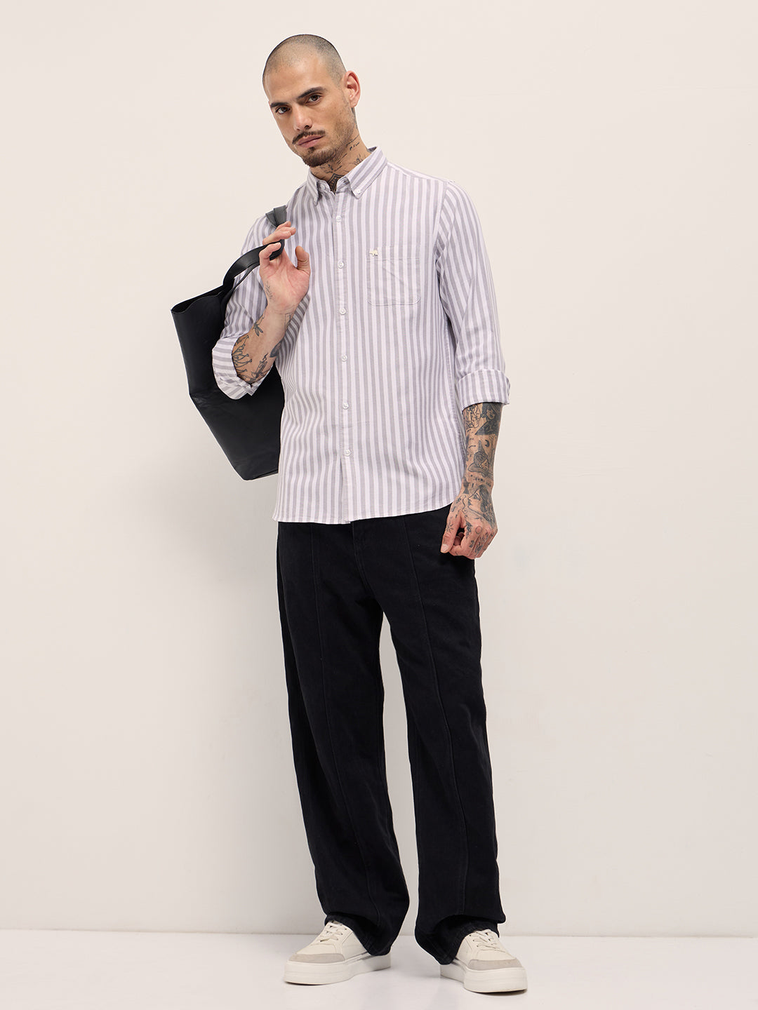 Men Grey & White Vertical Stripes Slim Fit Casual Shirt
