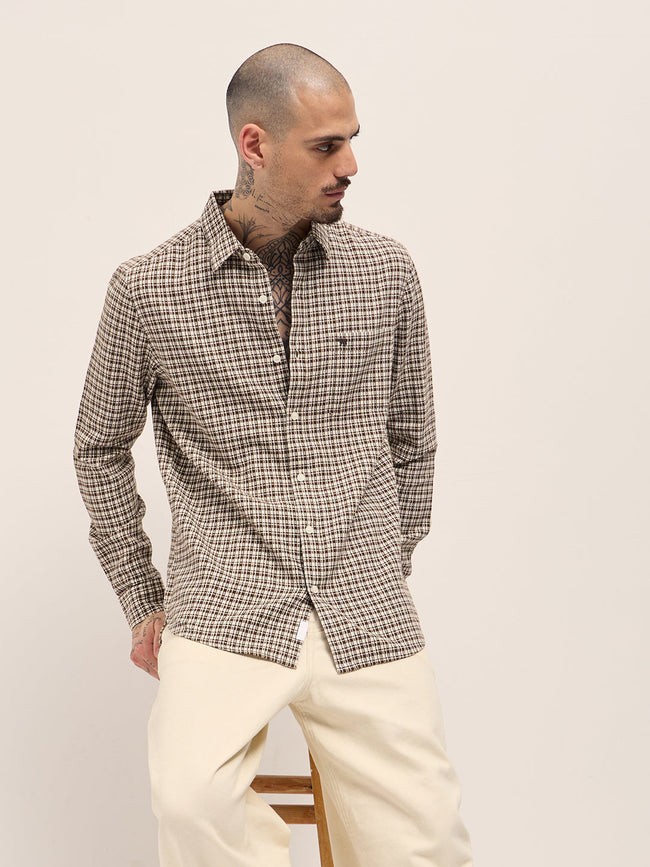 Men Brown Textured Checks Design Slim Fit Casual Shirt