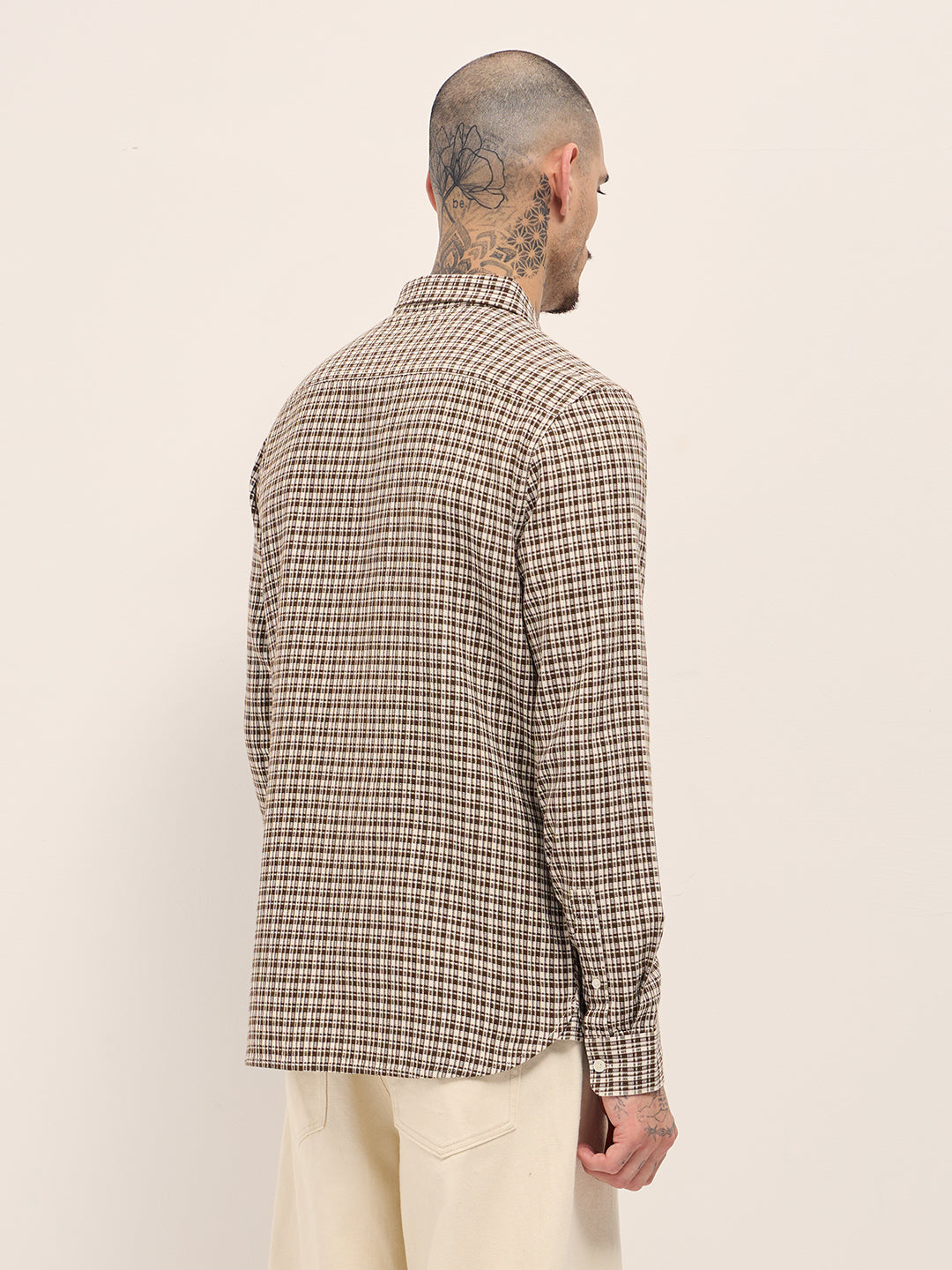 Men Brown Textured Checks Design Slim Fit Casual Shirt